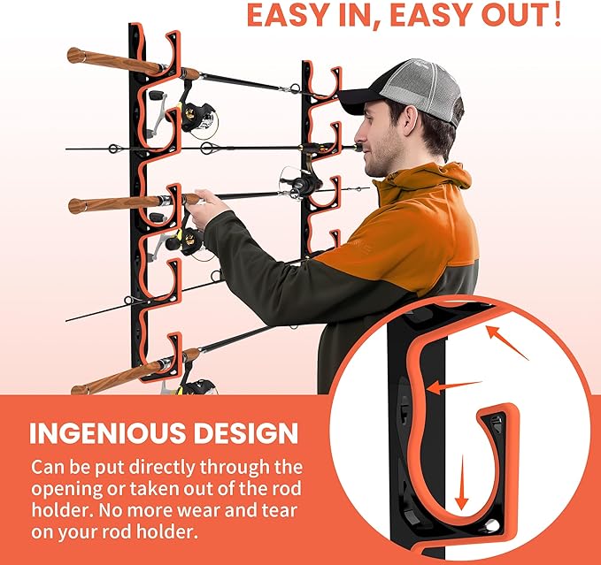 Fishing Rod Holder for Garage, H5 Wall or Ceiling Mounted Fishing Pole Holders with Soft Protective Pad, Fishing Rod Storage Organizer, Horizontal Fishing Rod Wall Mount Nets Storage (8 PACK)