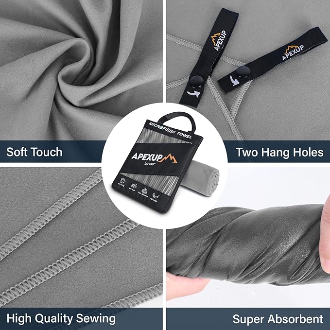 APEXUP Microfiber Travel Towel, Ultra Absorbent Quick Dry Towels, Lightweight Gym Sports Camping Towel for Workout, Yoga, Beach, Shower, Swimming (72"×40", Gray)
