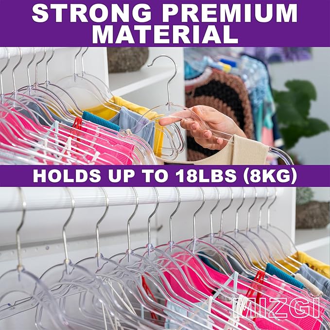 MIZGI 50 Pack Clear Plastic Hangers - Premium Thick Invisible Space Saving Hanger with 360° Swivel Hook, Ultra Slim Hangers for Suits, Dresses, Shirts, Coats & Pants