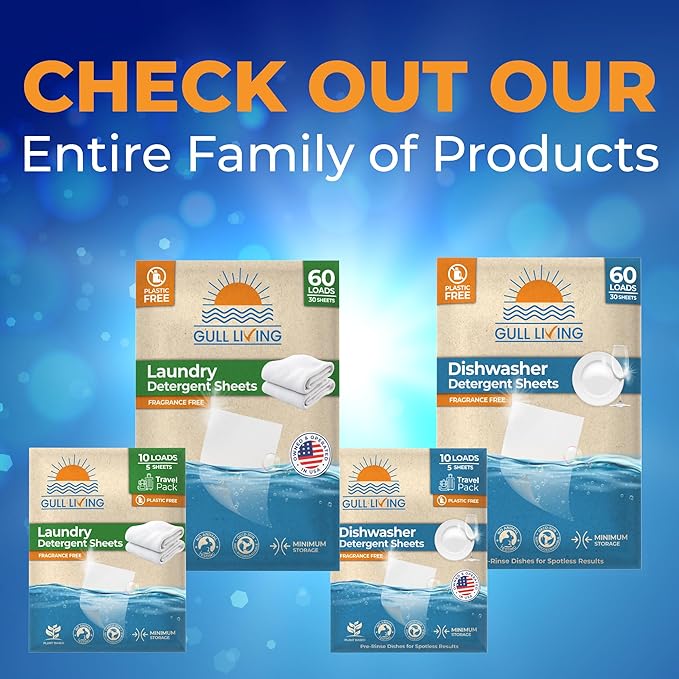 Gull Living Home Travel Laundry Detergent Sheets - 10 Loads Pack - Eco Laundry Detergent Sheets Unscented - Tackles Tough Stains - Travel Friendly