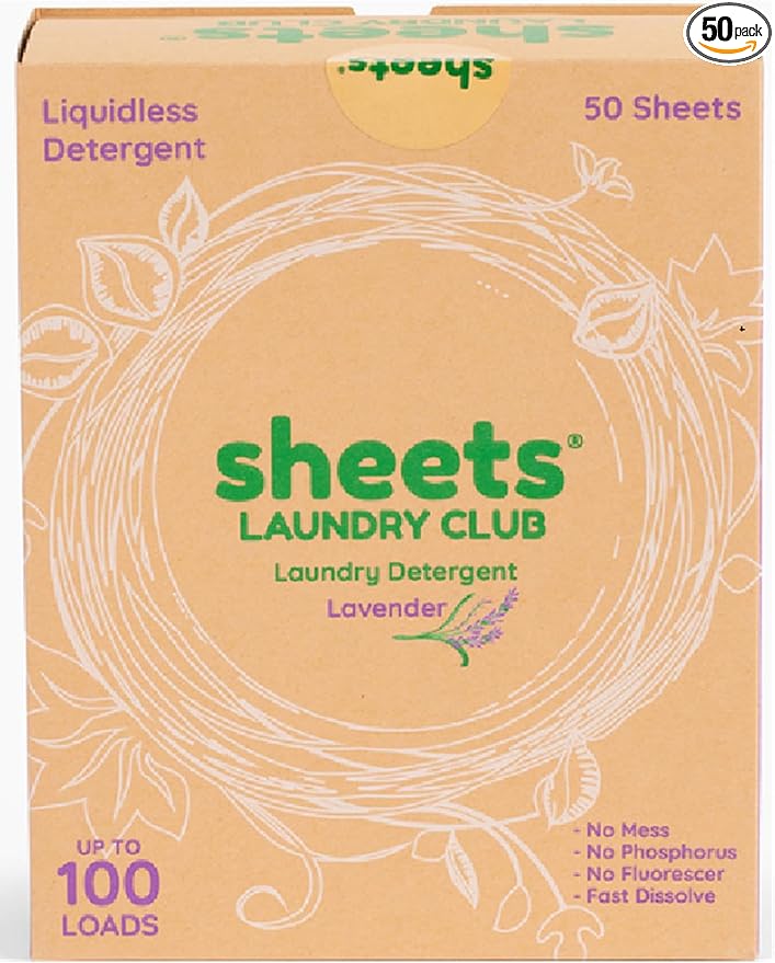 Sheets Laundry Club Laundry Detergent Sheets, 100 Loads - Lavender Scent, Eco-Friendly, Quick-Dissolving Formula, Hypoallergenic, Septic Safe, Plastic-Free Packaging - 50 Sheets