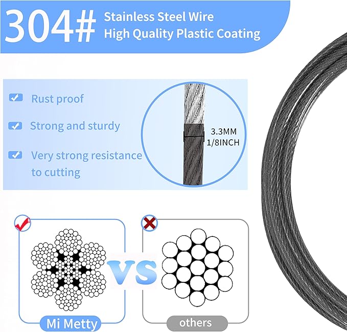 3.3mm (1/8 Inch) Outdoor Travel Stainless Steel Security Cable-30ft Luggage Lock Safety Wire Flexible Steel Wire Rope with Double Loop Safety for Luggage, Bike, Lock(Black, 30ft-(1Pack)