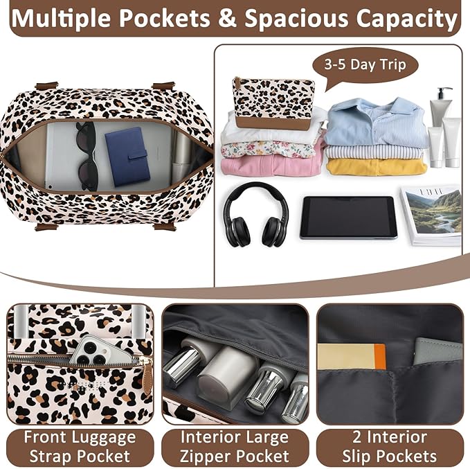 Travel Duffle Bag for Women, Weekender Bags, Hospital Bag for Labor Delivery, Lightweight Tote Duffel Overnight Bag with Luggage Sleeve, Airplane Travel Bags with Toiletry Bag,Large,Leopard