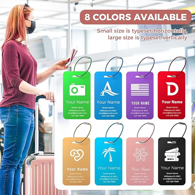Personalized Luggage Tags, Custom Luggage Tags 4 Pack TSA Approved Double Sided Laser Engraving, Metal Luggage Tag for Suitcases with Stainless Loops, Name Tag for Bags, Backpacks (Pink)