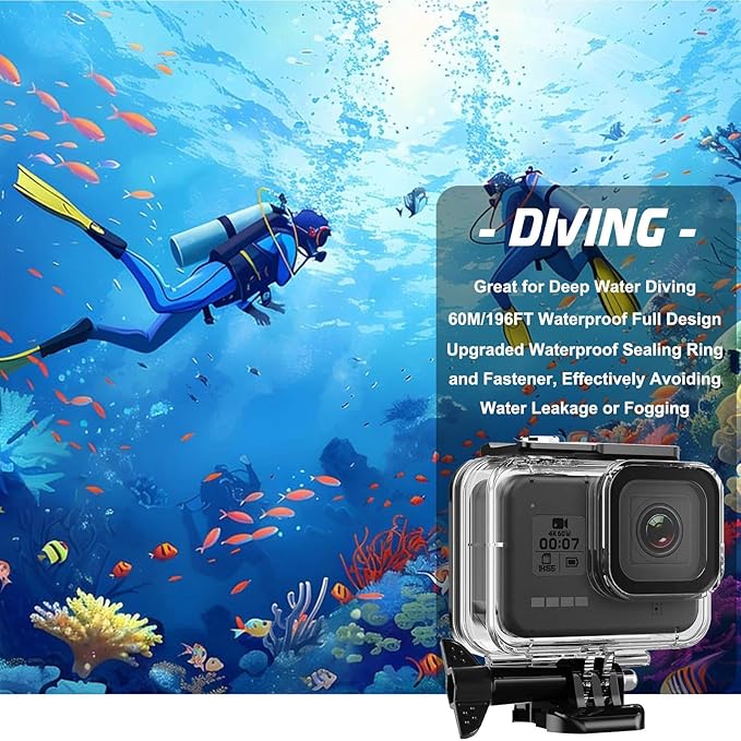 Compatible for Go Pro Hero 8 Black Waterproof Housing Case 60M/196FT Protective Underwater Diving Case Shell with Cameras Handle Mount Accessories Kit