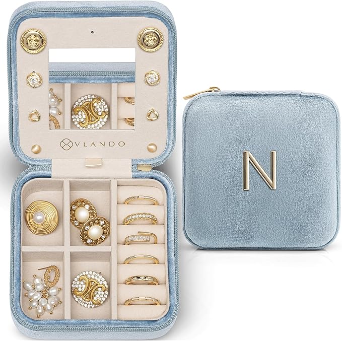 Vlando Graduation Gifts for Her, Graduation Travel Gifts for Women, 2025 Graduation Gifts Travel Accessories for Girls, Graduation Travel Essentials Small Jewelry Box - Letter N, Blue