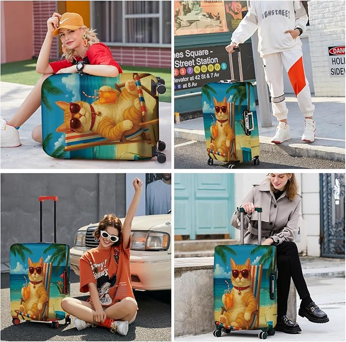 ANNA QUEEN Summer Cat Luggage Cover, Cat in Sunglasses with a Beach Drink, Stretchable, Washable Travel Protector for 20-22 Inch Suitcases