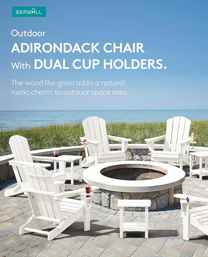 SERWALL Adirondack Chair with Cup Holders - Composite Adirondack Chairs Set of 4 HDPE Outdoor Chairs All Weather Use- White