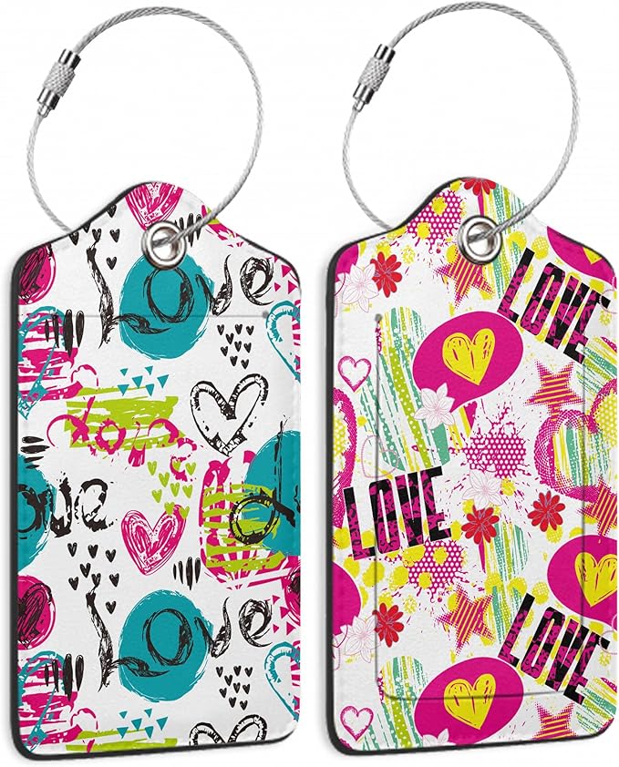 Abstract Colorful Colors Hearts 2 PCS Luggage Tags, Privacy Cover ID Label with Stainless Steel Loop and Address Card for Travel Bag Suitcase