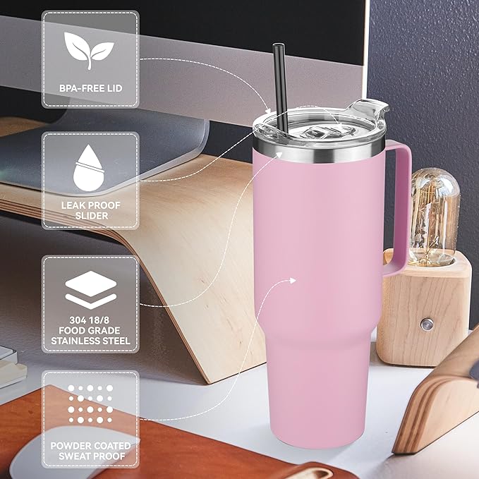 HASLE OUTFITTERS 40 oz Stainless Steel Tumbler with Handle, Vacuum Insulated Tumblers Bulk, Reusable Double Wall Travel Coffee Mug, Durable Powder Coated Water Bottle(Pink, 8)