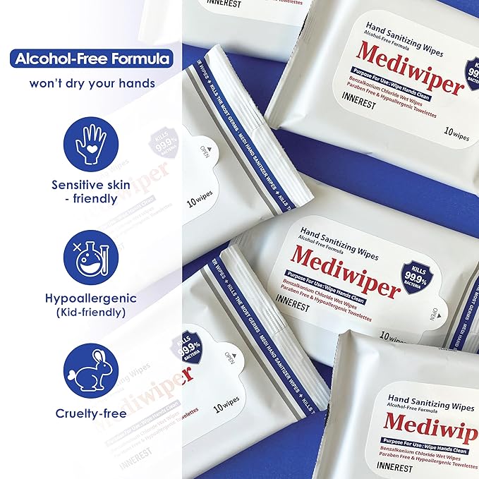 Mediwiper 10 Count Alcohol-Free Sanitizing Wipes Disinfecting Large Unscented Wet Wipes Bulk, Hand Sanitizer (10 Wipes, 100 Wipes (10 * 10))
