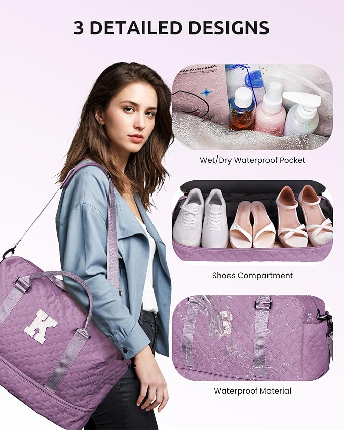 Girl Duffle Bag with Shoe Compartment, Tween Weekend Duffle Bag, Monogram Overnight Bag for Women with Trolley Sleeve & Wet Pocket, Letter Kids Travel Bag with Makeup Bag (Letter K)