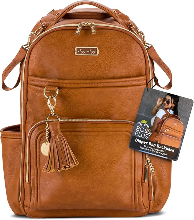 Itzy Ritzy Diaper Bag Backpack – Large Capacity Boss Plus Baby Backpack Diaper Bag Featuring 19 Pockets, Changing Pad, Stroller Clips, and Comfortable Straps (Cognac)