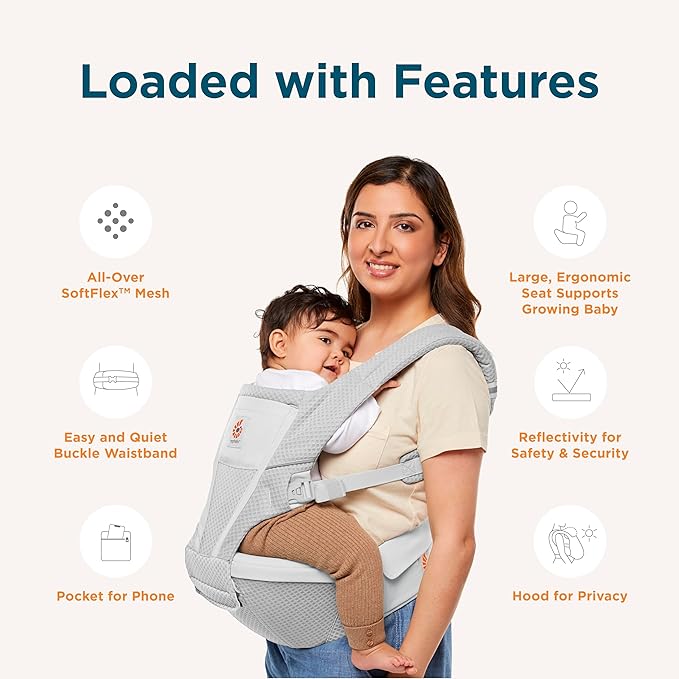 Ergobaby Alta 2-in1 Hip Seat and Carrier - All-Position Breathable Mesh Baby Carrier for 4 Months to 48 Months (12lbs - 45lbs) - SoftFlex™ Mesh - Onyx Black
