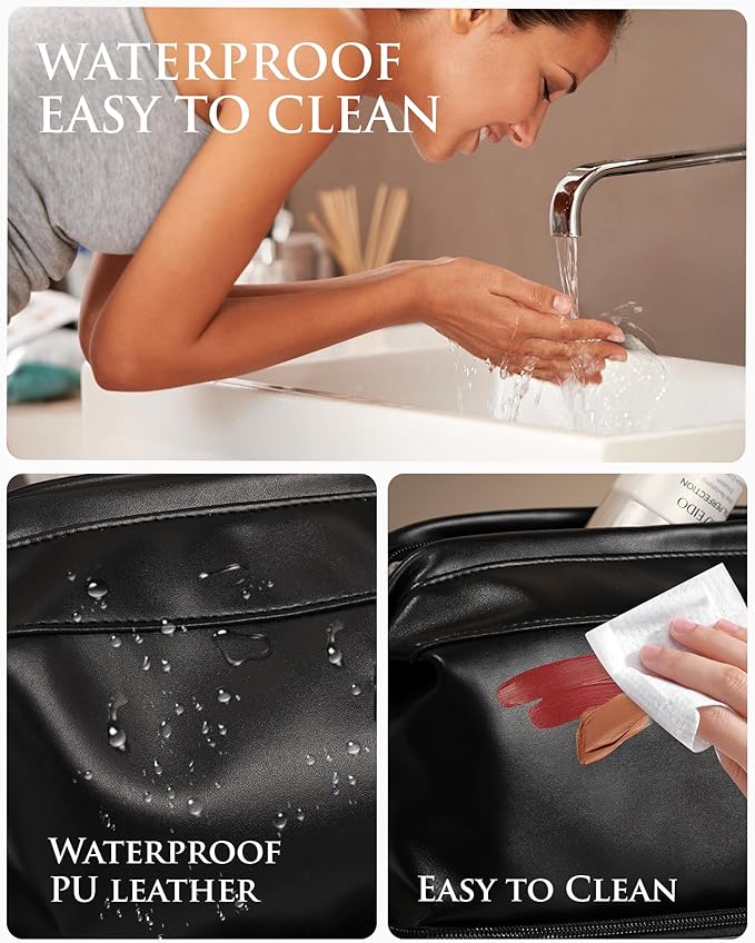 Initial Makeup Bag, Daughter Gifts, Personalized Double Layer Cosmetic Bag with Makeup Brush Organizer, Waterproof, Large Capacity PU Leather Travel Toiletry Bag Cute Things for Girls