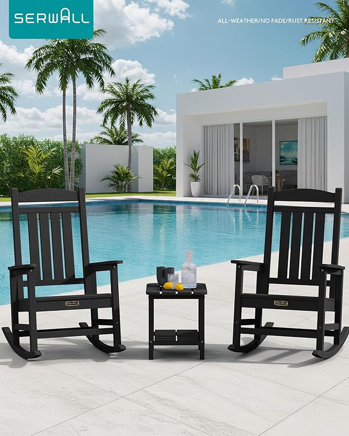SERWALL Outdoor Rocking Chair Set of 2, HDPE Patio Rocking Chair All-Weather Porch Rocker for Balcony, Yard, Black
