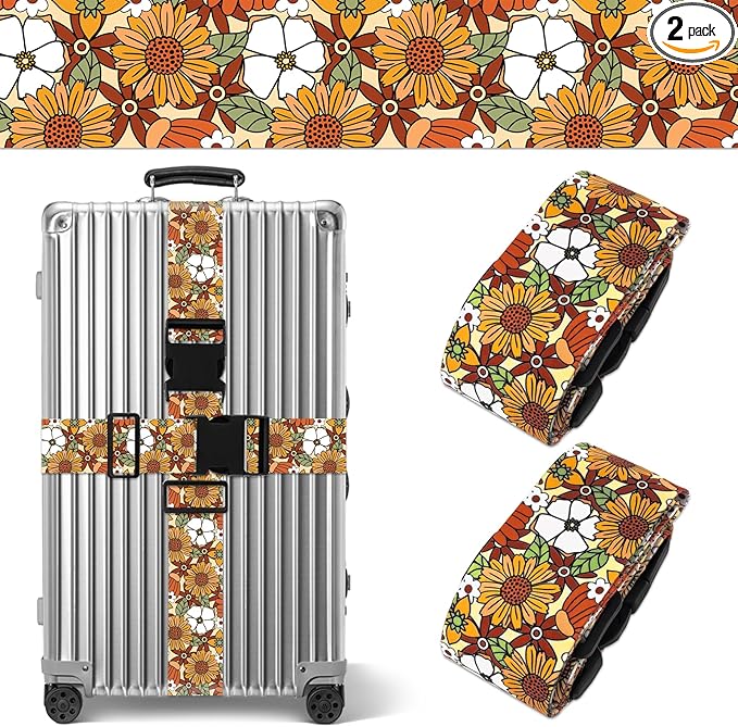 Yellow Daisy Luggage Straps for Suitcases TSA Approved, Luggage Identifiers for Suitcase, Adjustable Suitcase Strap for Baggage Security with Cute Patten, Travel Necessary Accessories (2Pack)
