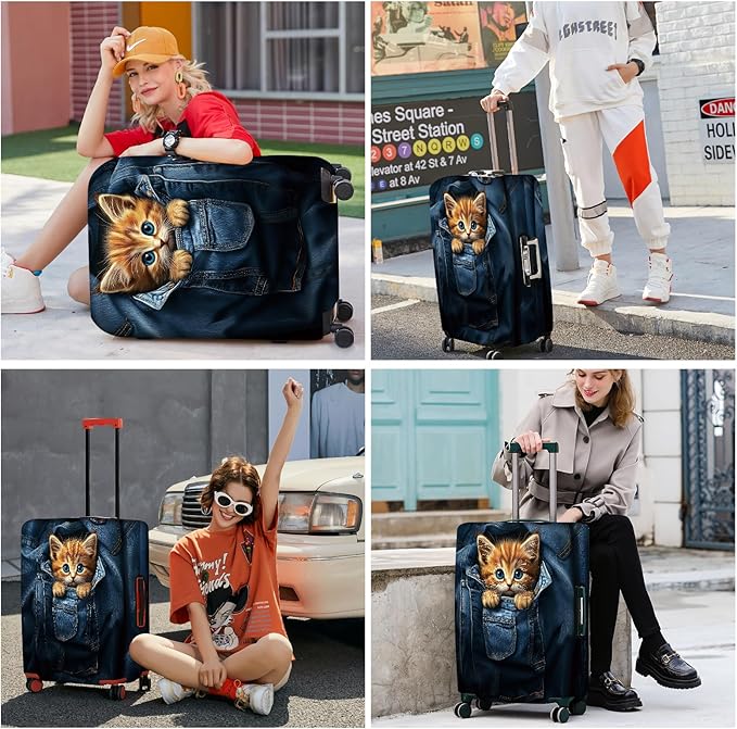 ANNA QUEEN Cute Kitten in Pocket Luggage Cover, Funny Cat Suitcase Protector with Denim Print, Stretchable & Washable Spandex Travel Cover for 28-30 Inch Luggage