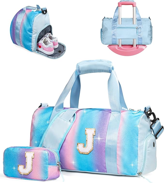 Gifts for Niece-Girl Gym Bag with Shoe Compartment, Kid Personalized Weekender Overnight Bags, Initial Travel Tote with Makeup Pouch, Birthday Gift for Sister Granddaughter (Letter J)