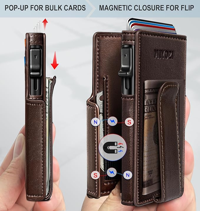 Wallet for Men with Money Clip Coins Pocket ID Window Gift Boxed,Slim Smart Front Pocket RFID Blocking Wallet Pop-up Card Holder in Magnetic Leather Flip 3.9"x 2.7"