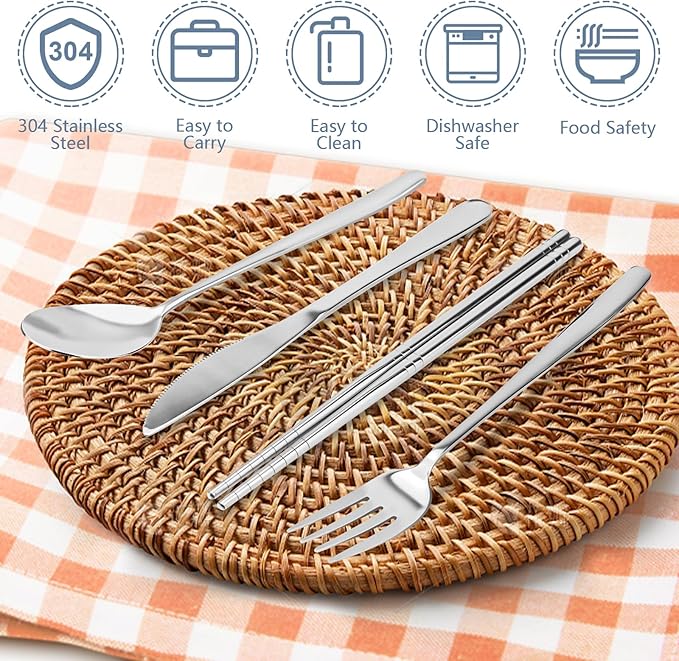 5 Piece Rsiynax Portable Travel Utensils Set with Case, Premium 304 Stainless Steel Camping Utensils Set, Reusable Silverware for Camping, Lunch, Work, School, etc, Easy to Clean (Silver)