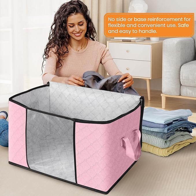 Fab totes 24 Gallons Clothes Storage, Foldable Thick Fabric Blanket Storage Bags, Containers for Organizing Bedroom, Closet, Clothing, Comforter, Organization with Handle (8 Pack,Pink)