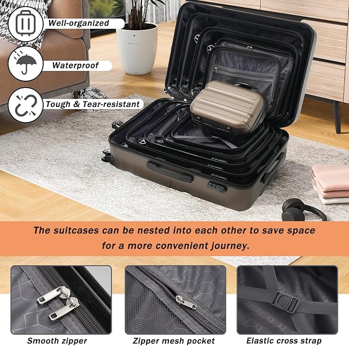 Merax 24 Inch Luggage Set Hardshell ABS Suitcase with Spinner Wheels 2 Packing Cubes Durable Travel Checked Luggage for Weekend Getaways Long Vacations Brown