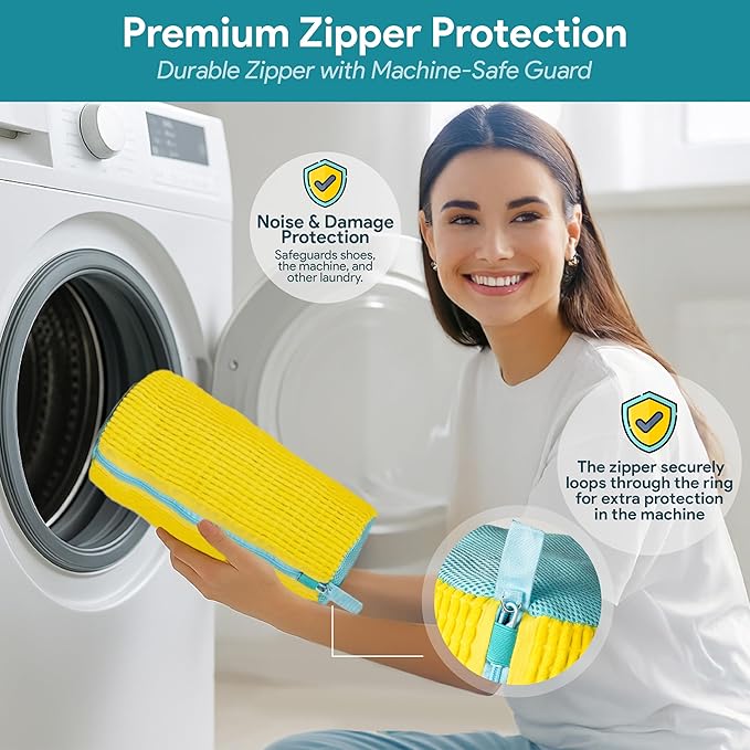 Shoe Washing Machine Bag - 2Pcs Shoe Washing bag,360° Deep cleaning Durable sneaker washing machine bag, Fits All Shoe Types & Sizes,Yellow,14.8 x 7.4inches