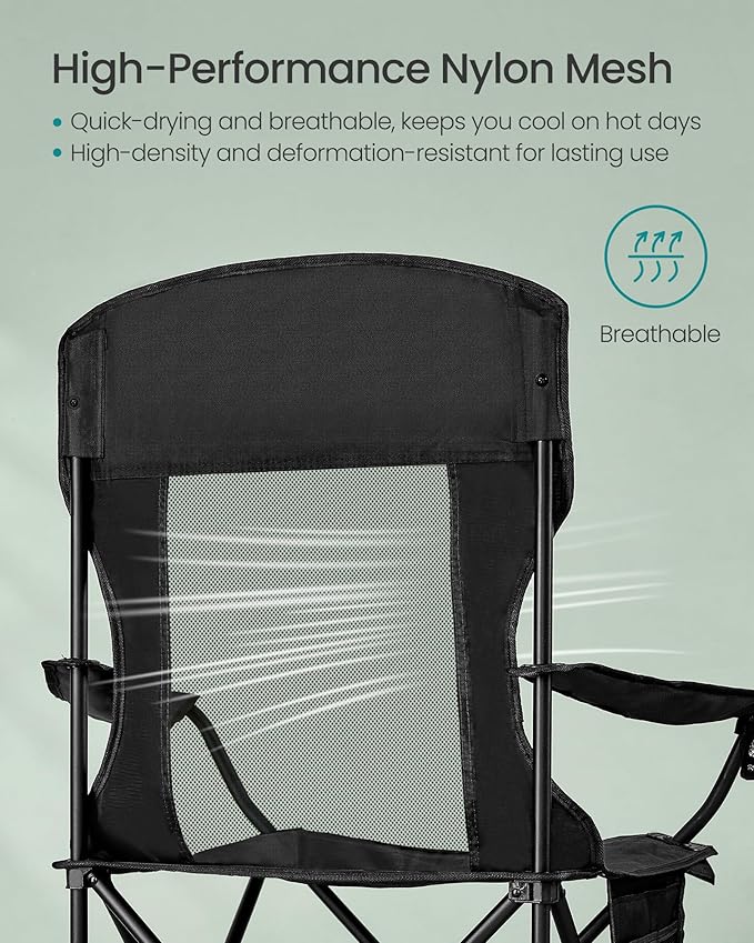 SONGMICS Breathable Camping Chairs, Foldable Outdoor Chairs Set of 2, High Back, Adjustable Armrests, Drink Holder, Weight Capacity 330 lb, for Sports Garden Backyard, Ink Black UGCB028B02