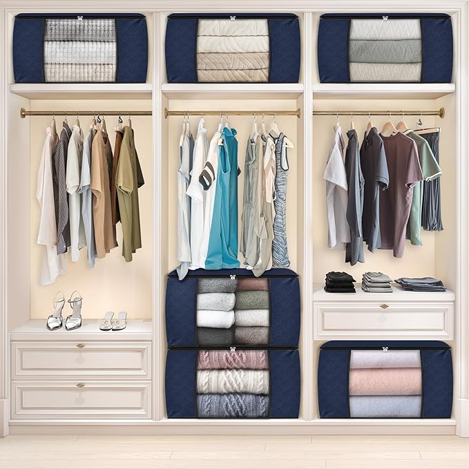 Fab totes 24 Gallons Clothes Storage, Foldable Thick Fabric Blanket Storage Bags, Containers for Organizing Bedroom, Closet, Clothing, Comforter, Organization with Handle (4 Pack,Blue)