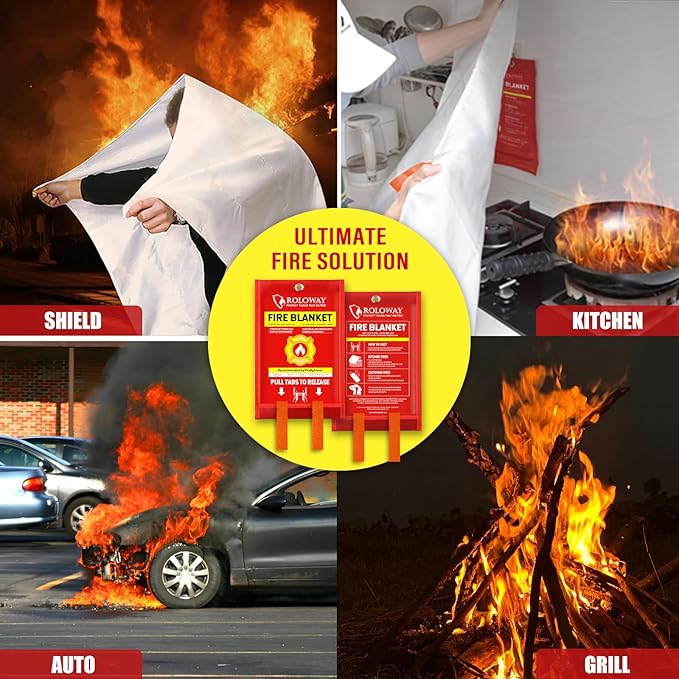 ROLOWAY Emergency Fire Blanket for Home and Kitchen, Fire Blankets Emergency for Home Safety (40 x 40 Inch) with Hooks, Gloves, Fire Suppression Blanket with Emergency Whistle for Fire Safety (2 Pack)
