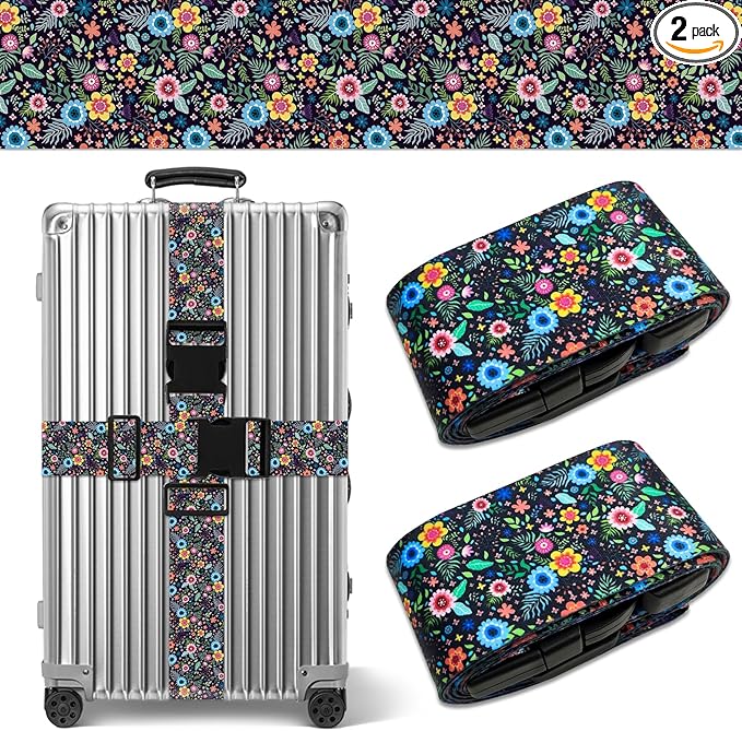 Luggage Straps for Suitcases TSA Approved, Luggage Identifiers for Suitcase, Adjustable Suitcase Strap for Baggage Security with Cute Patten, Travel Necessary Accessories 2Pack (Color Retro)