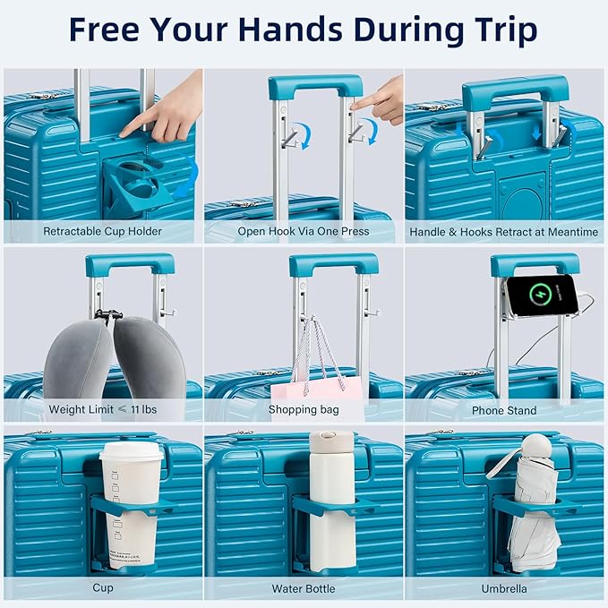 Hard Shell Suitcases Expandable Travel Luggage Sets 3 Piece, Carry on and Check in 3 Piece Luggage Suitcase Sets with Spinner Wheels Cup Holder Charger Built in (Caribbean Blue, 20/24/28)
