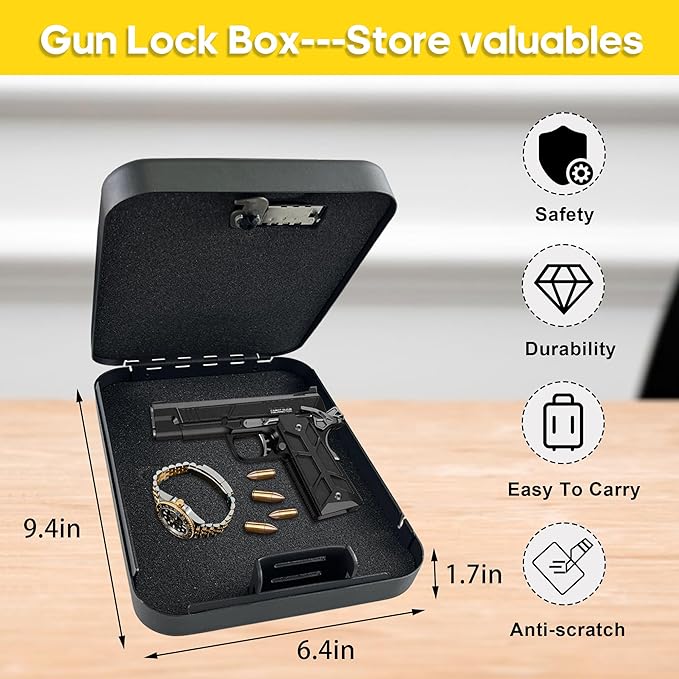 Small Gun Safe - Portable Gun Lock Box for Car with Resettable Combination Lock, Heavy-Duty Alloy Steel Handgun Lock Box, Foam Padding, Security Cable - Ideal for Travel & Home