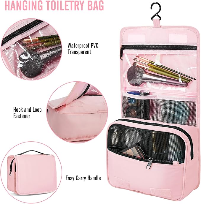 Veken 8 Set Packing Cubes for Travel Essentials, Pink Suitcase Organizer Bags in 4 Sizes, Carry-On Luggage Accessories with Large Laundry & Hanging Toiletry Bag, Must-Have for Airplane, Road Trip