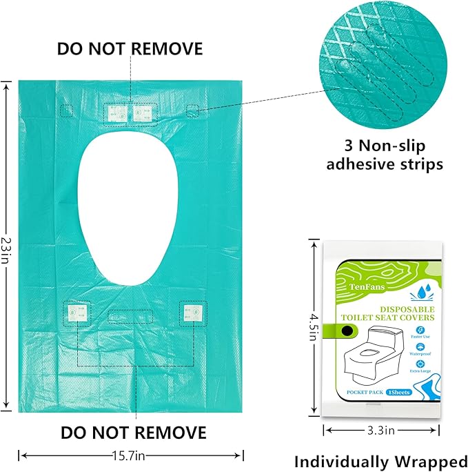 TenFans Toilet Seat Covers Disposable - 20 Count Individually Travel Pack - Sticker Free Faster Use - Waterproof XL Covers for Adults and Kids - Travel Accessories Public Restrooms, Camping, Airplane