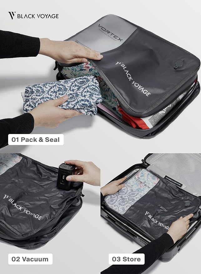 Black Voyage Reusable Vacuum Compression Travel Bag for Carry-On Suitcase and Backpack, Recycled IP67 Waterproof Space Saver Airback Vacpack (1-Pack, 21L - Pump Included)