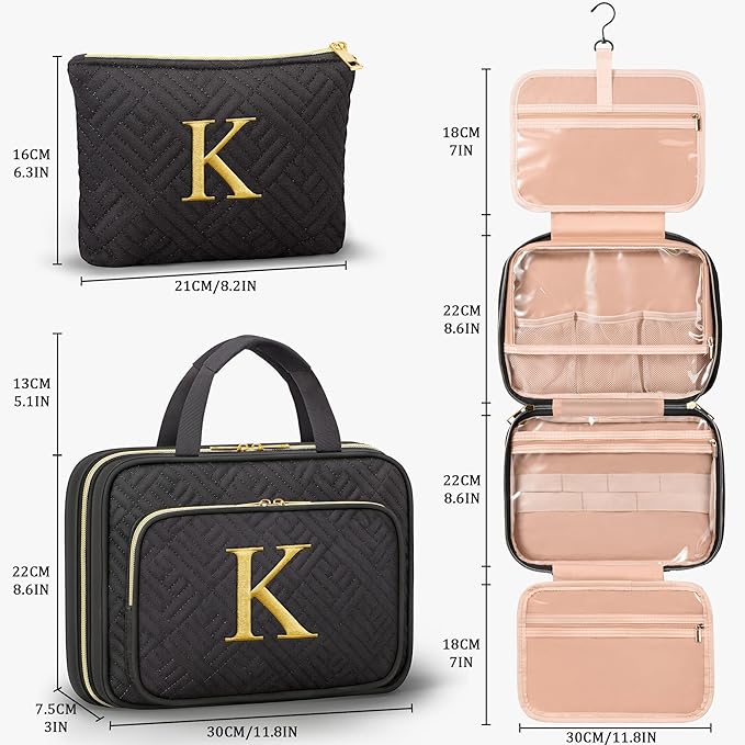 Personalized Gifts for Women, Initial Toiletry Bag Hanging Travel Organizer & Makeup Cosmetic Bag with Embroidery Letter Teacher Appreciation Gift Birthday Mothers Day Gifts for Mom Wife Friend Sister