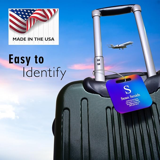 Personalized Engraved Gold Metal Luggage Tags for Suitcase - Custom Name Tags for Bags and Backpacks (10 Pack)
