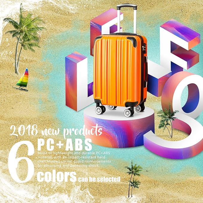Coolife Luggage Expandable(only 28") Suitcase PC+ABS Spinner 20in 24in 28in Carry on (orange new, S(20in)_carry on)