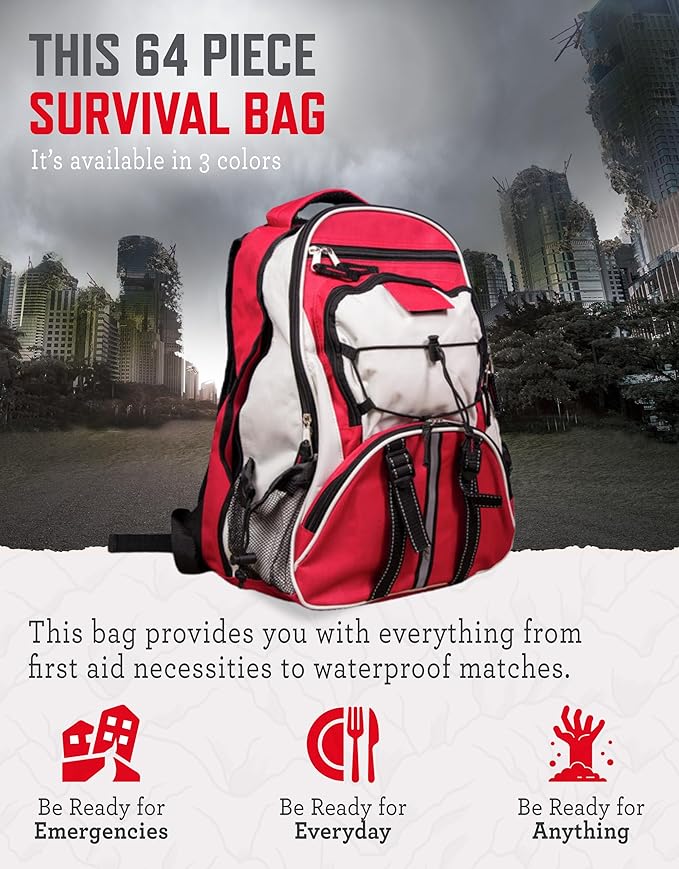ReadyWise Emergency Survival Gear – Tactical Military Backpack, Camping Essentials Bug Out Bag & Survival Kit, Prepper & Hurricane Supplies, Meal Pouches with up to 25 Year Shelf Life, 64 Piece
