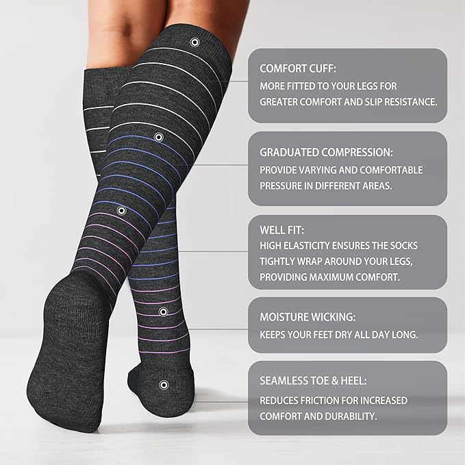 LEVSOX Thick Cotton Compression Socks for Women&Men 20-30mmHg Knee High Cute Support Sock for Nurses, Pregnancy, Travel