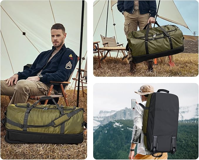 CONTAIL 32" Soft-Sided Rolling Duffle Bag with 2 Wheels,Expandable from 110L to 140L, Foldable Travel Duffel with Multiple Compartments,Army Green