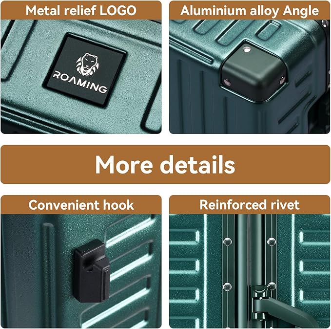 ROAMING Zipperless Luggage 22 Inch with Aluminum Frame, Polycarbonate Trunk-Medium Lightweight Hard Shell Suitcase with Spinner Wheels, Metal Travel Luggage with Double TSA Locks, Dark Night Green