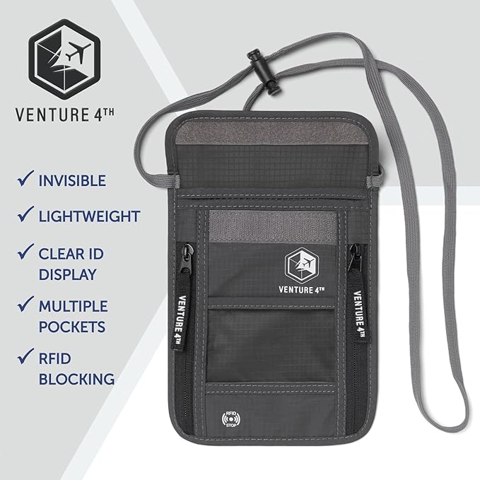VENTURE 4TH Passport Holder Neck Wallet with RFID Blocking Nylon Lining - Hidden Neck Pouch for Travel (Gray)