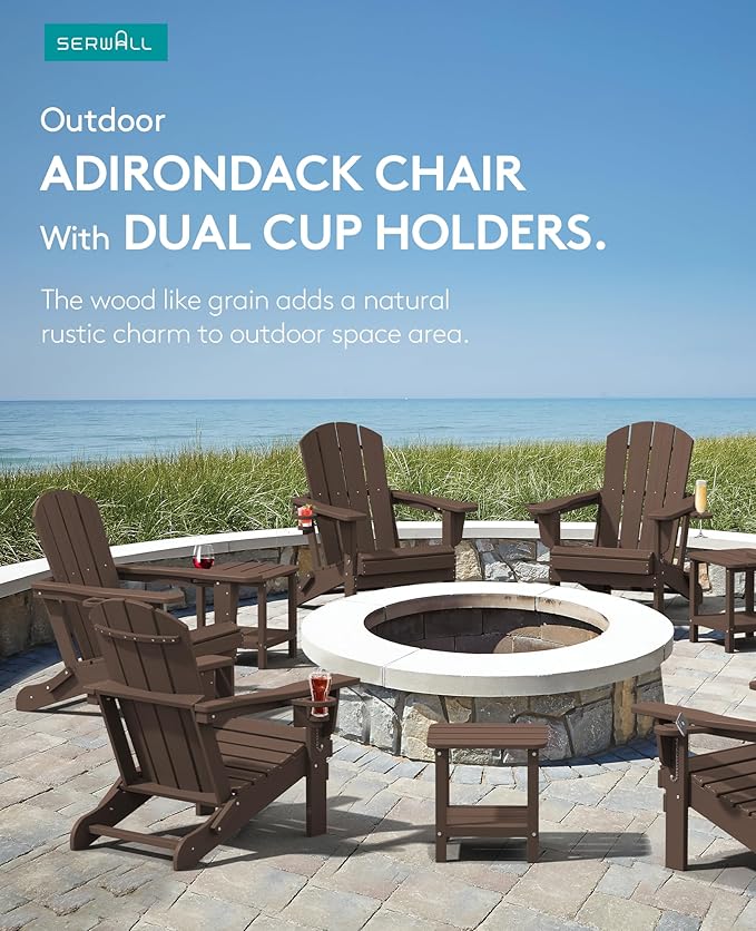 SERWALL Adirondack Chair with Cup Holders - Composite Adirondack Chairs Set of 6 HDPE Outdoor Chairs All Weather Use- Coffee