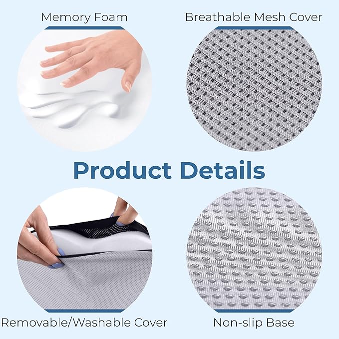 5 STARS UNITED Seat Cushion for Tailbone Pain Relief – Large Memory Foam Cushion for Coccyx, Hip, Sciatica & Post-Surgery Recovery – Wheelchair, Car, Desk, Gaming & Office Chairs, Light Gray
