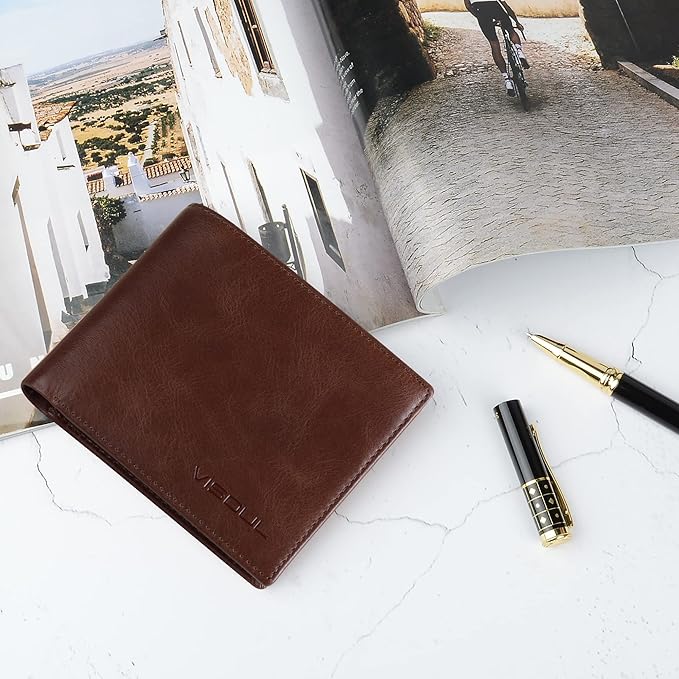 VISOUL Leather Wallets Bifold for Men with 2 ID Windwows, Men's Designer Card Holder Wallets with RFID Blocking (Brown)