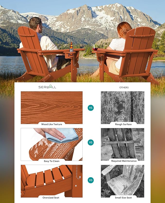 SERWALL Adirondack Chair with Cup Holders - Composite Adirondack Chairs HDPE Outdoor Chairs All Weather Use- Orange