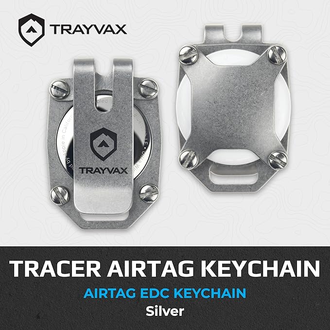 Trayvax Tracer Apple Airtag Keychain, Stainless Steel Air Tag Holder Key Chain with Pocket Clip, and Lanyard Hole, Silver